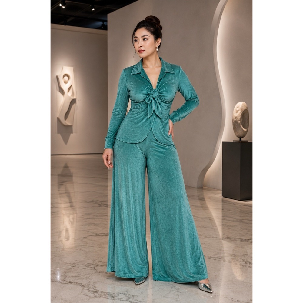 Goodtime USA Royal Green 2 Pc Set Wide Leg Pants Long Sleeve Women Size S